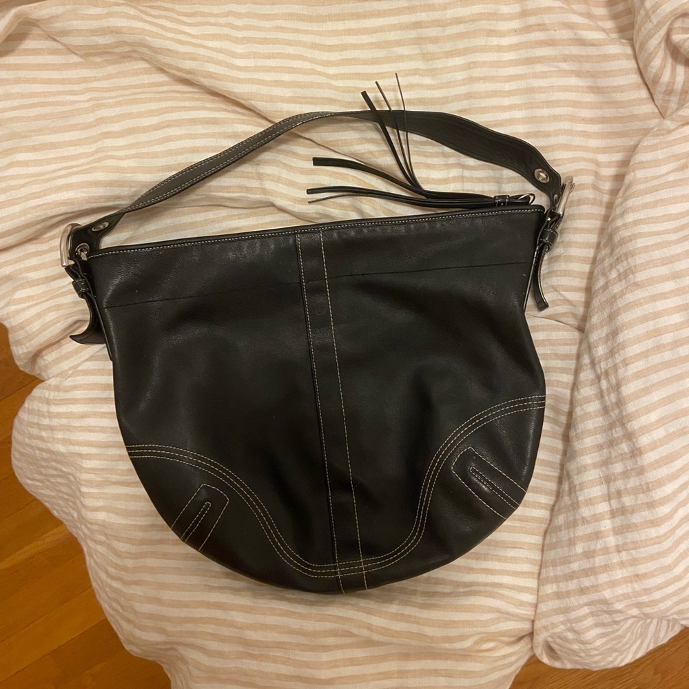 Y2K coach hobo black leather bag with silver metal